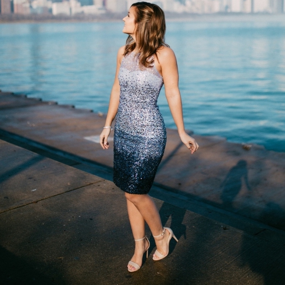 Badgley Mishka Blue Ombre Sequin Sheath Dress